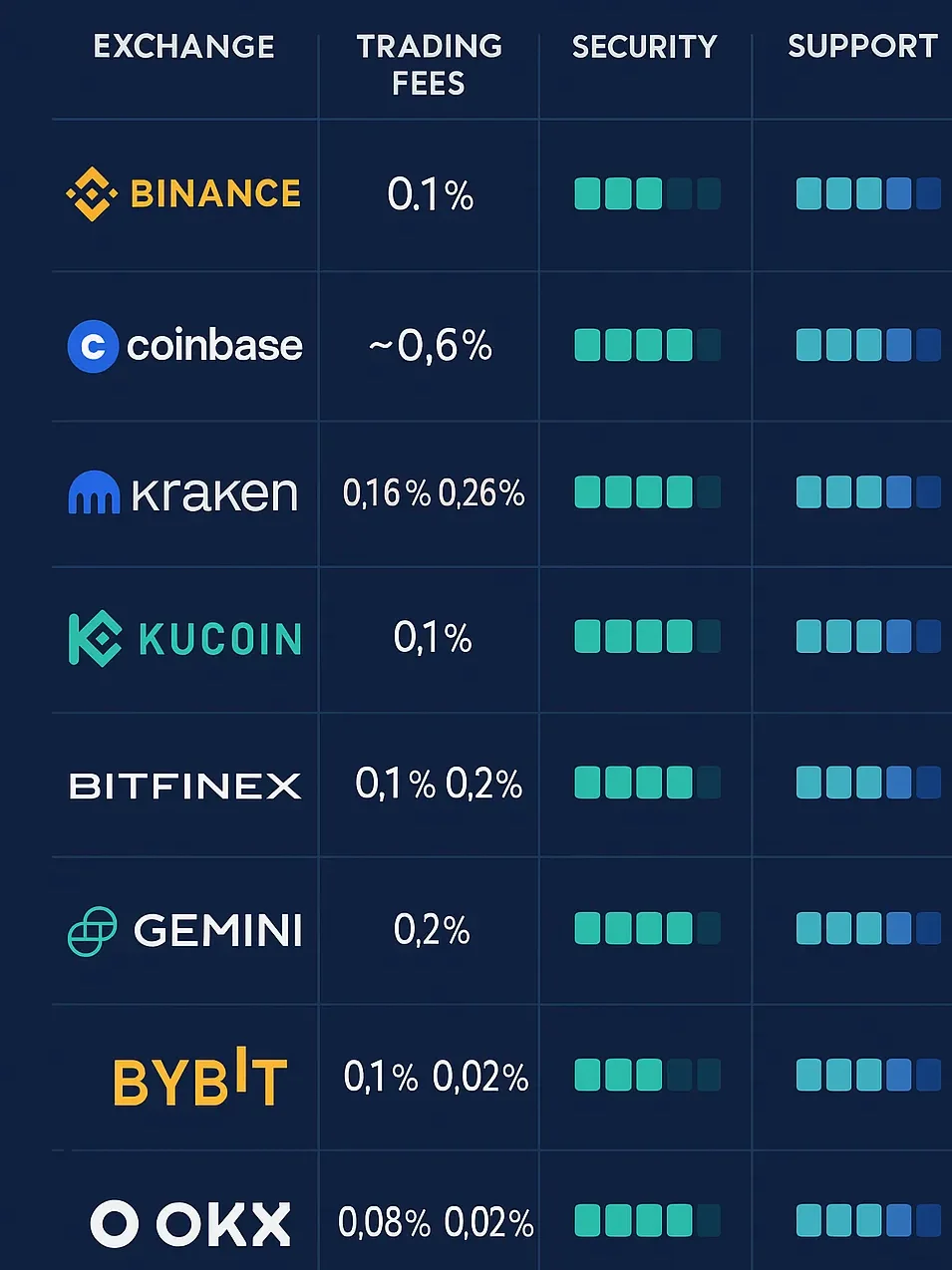A comparison chart of fees/security/support scores across top exchanges.