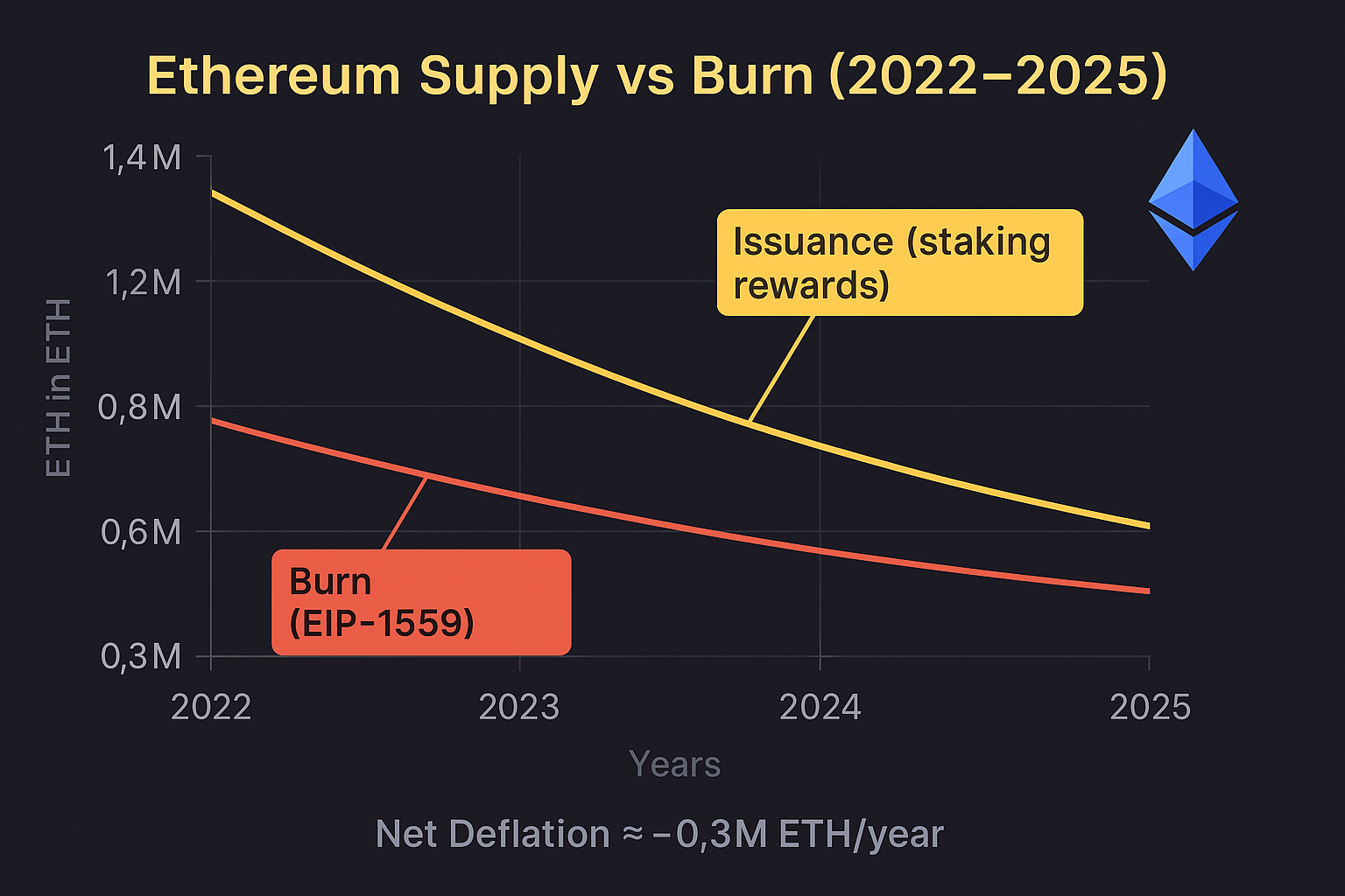 Ethereum supply vs burn chart 2022–2025 tokenomics deflationary