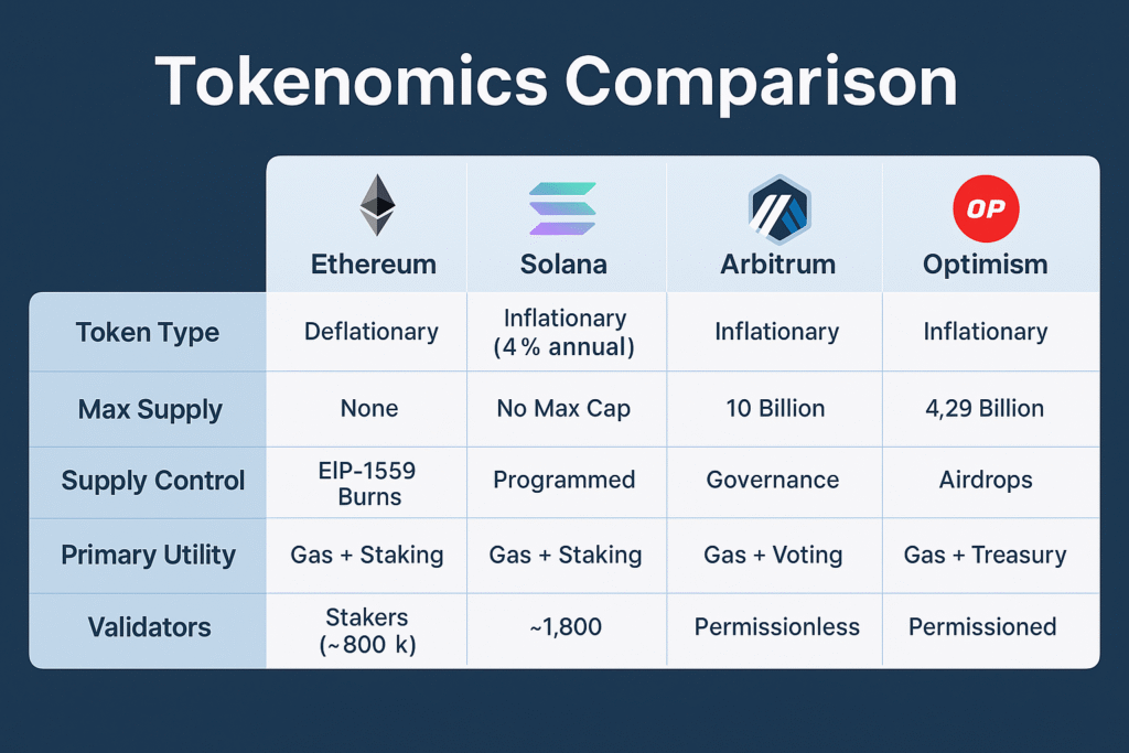 Tokenomics comparison Ethereum Solana Arbitrum Optimism infographic 2025