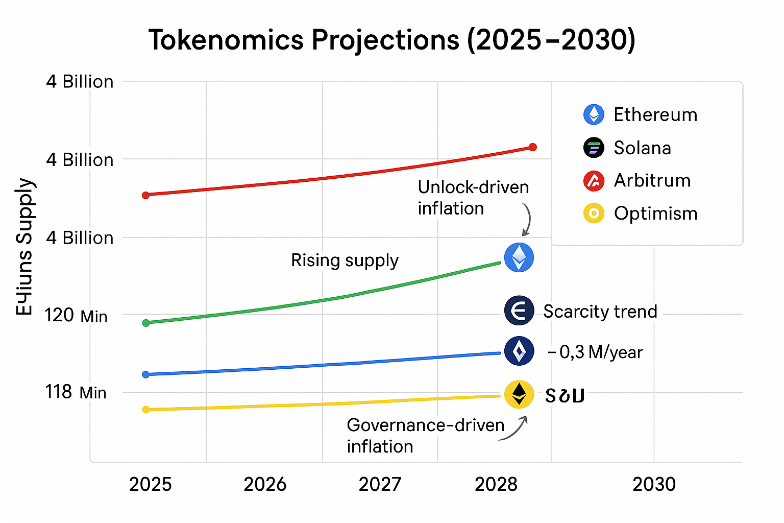 Ethereum Solana Arbitrum Optimism tokenomics projections 2025–2030 chart